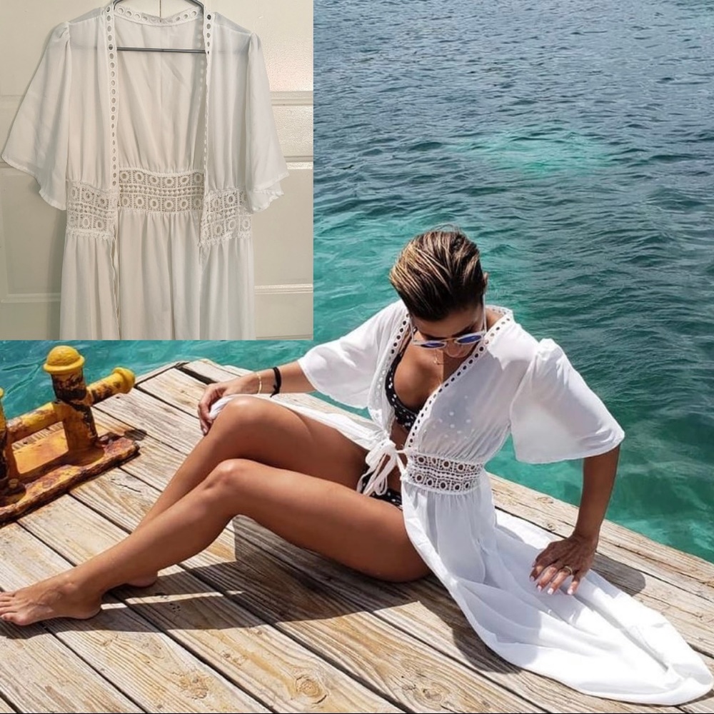 Long Flowy Lace / Crochet Cover Up - White